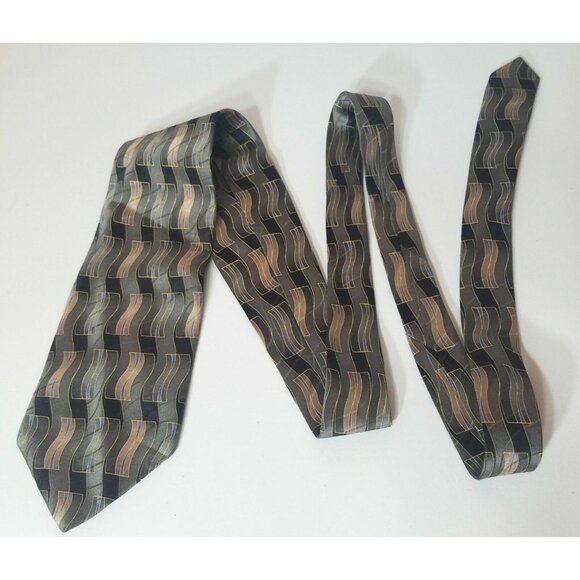 Puritan Mens Neck Tie Silk Abstract Geometric Flowing Design Green Gray - Picture 4 of 7